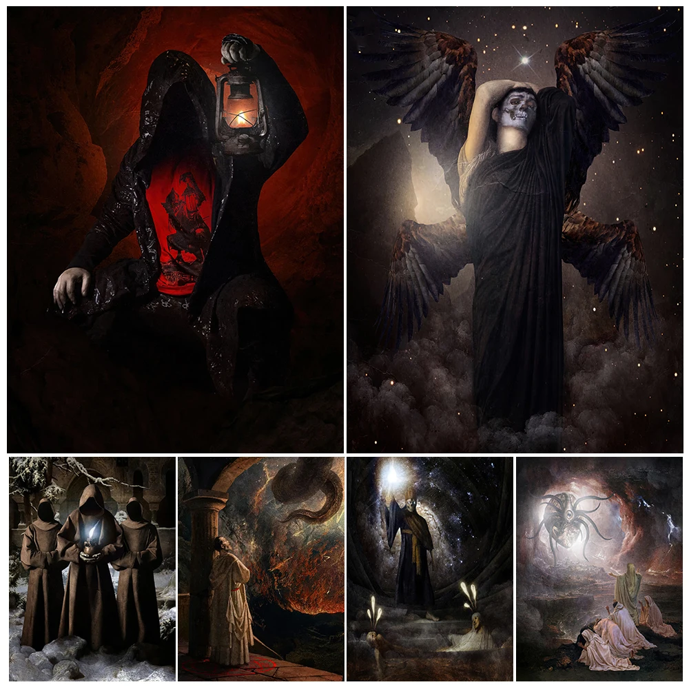 The Monk Of Hell And The Son Of The Devil,Horror Wall Art Canvas Painting,Creepy Pagan Witchcraft Art Poster Print Decoration
