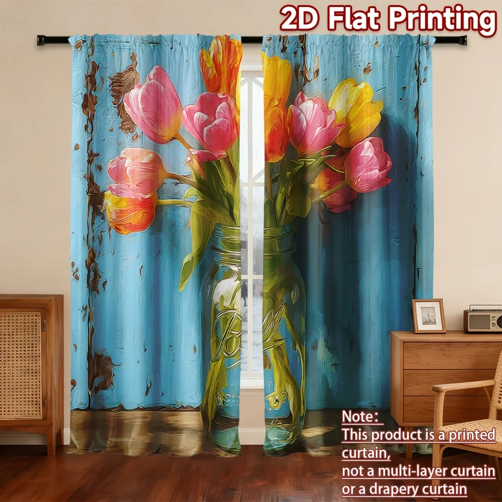 Tulip pattern printed curtains, with a pole bag design, are suitable for use in bedrooms, living rooms and offices.