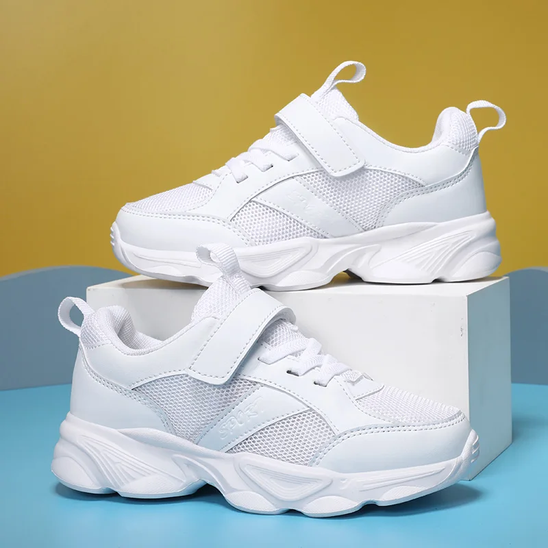 

A pair of children's sports shoes, with breathable mesh upper, cushioned sole, and a convenient Velcro design