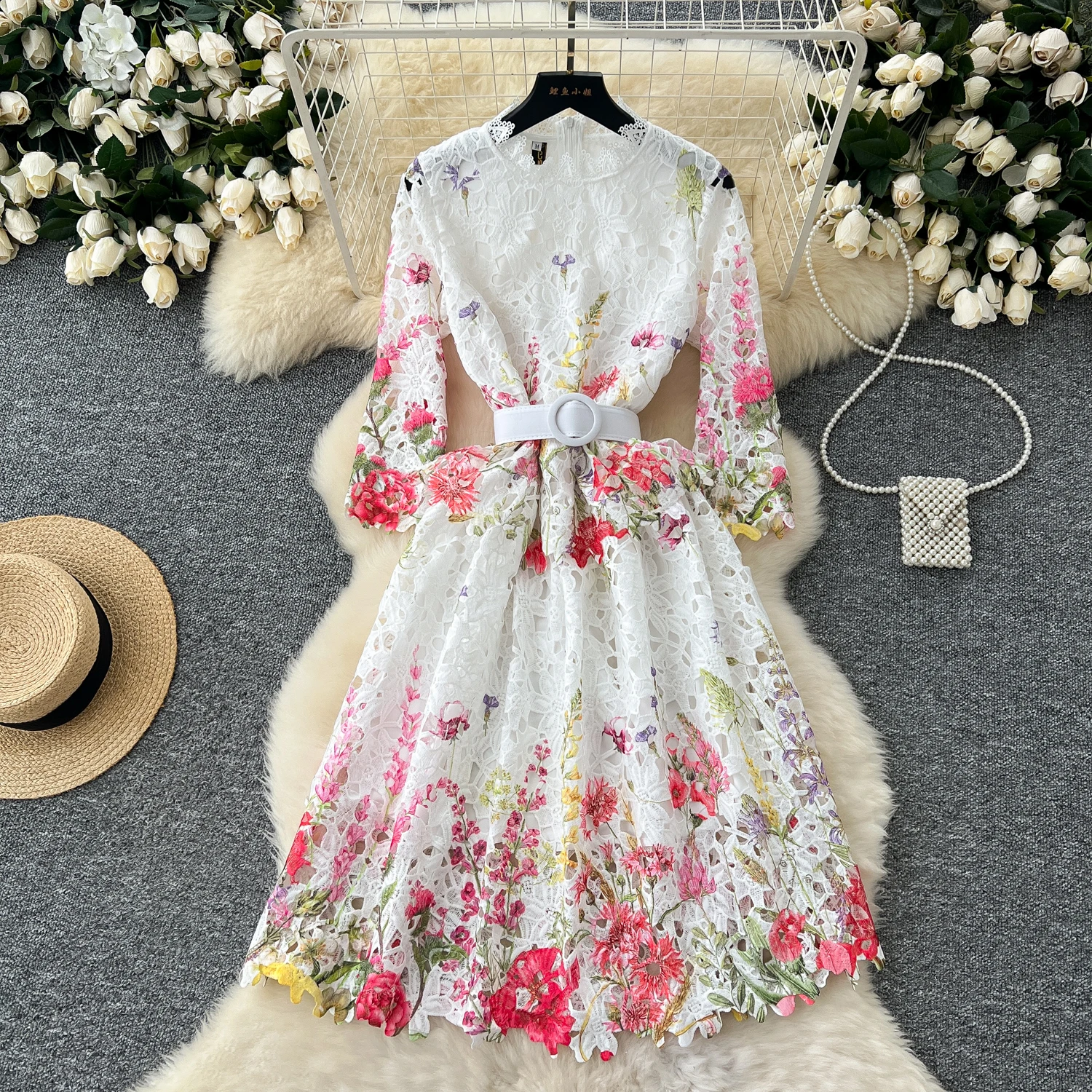 Elegant Stand Neck Vintage Long Sleeve Chic Hook Flower Hollow Lace Sashes Dresses French Evening High Street Autumn Clothing