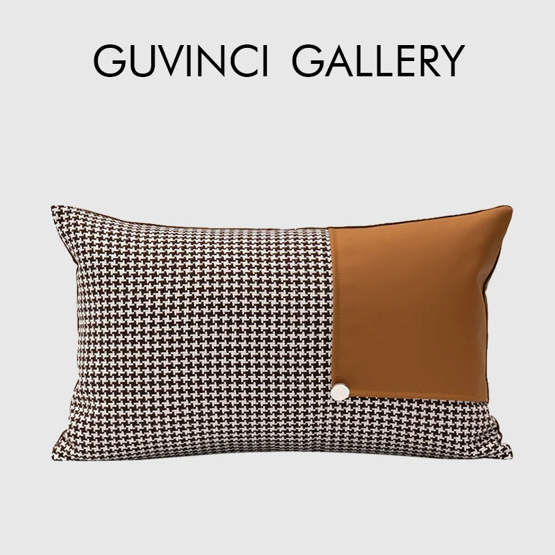 GUVINCI Cognac Brown Faux Leather Patchwork Lumbar Pillow Cover Modern Houndstooth Decorative Cushion Case For Hotel Model House