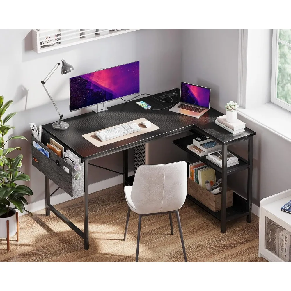 Kleiner 40-Zoll-Gaming-Computertisch in L-Form mit Steckdosen, umkehrbaren Ablageflächen und PC-Ständer für das Heimbüro, einfach W