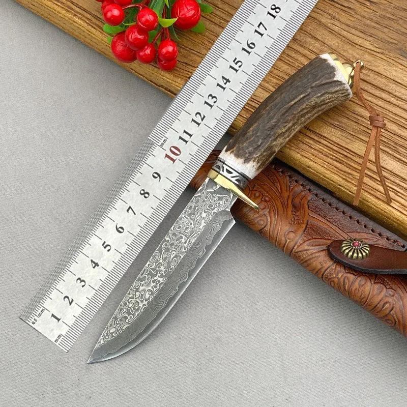 

108 Layers Damascus Steel Hunting Knife Deer Antlers Handle Outdoor Camping Straight Fixed Blade Knifes Hand Tools Self Defense