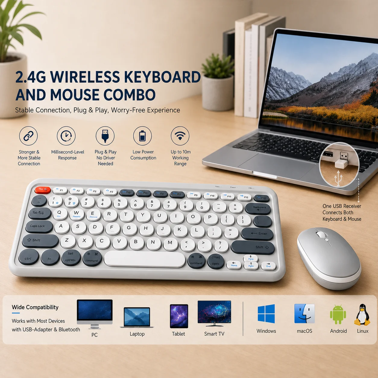 Portable Wireless Keyboard Mouse Combo Typewriter Retro Round Mixed Colors Dual Mode Bluetooth5.0 & 2.4G for Windows Android iOS