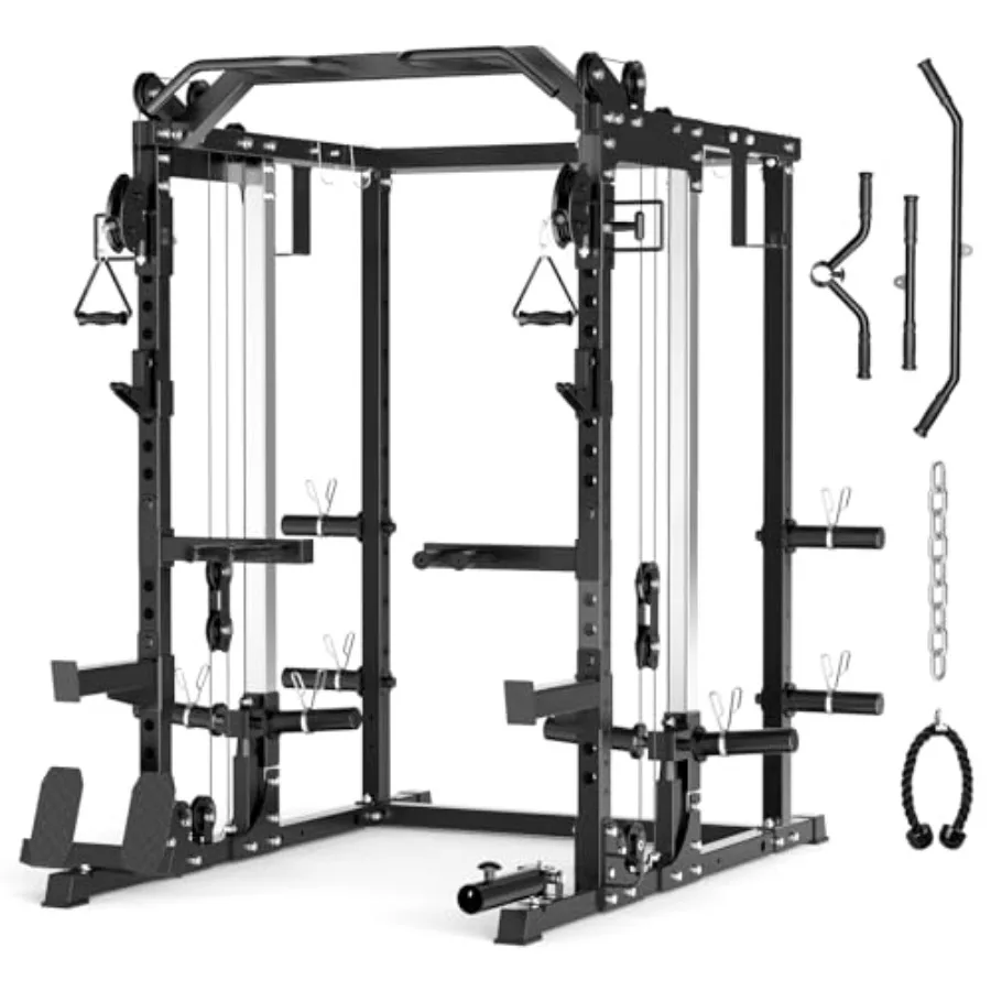 

Power Cage Home Gym, Dual Pulley Cable Crossover System, All-in-One Squat Power Rack with Strength Training Attachments for Ful