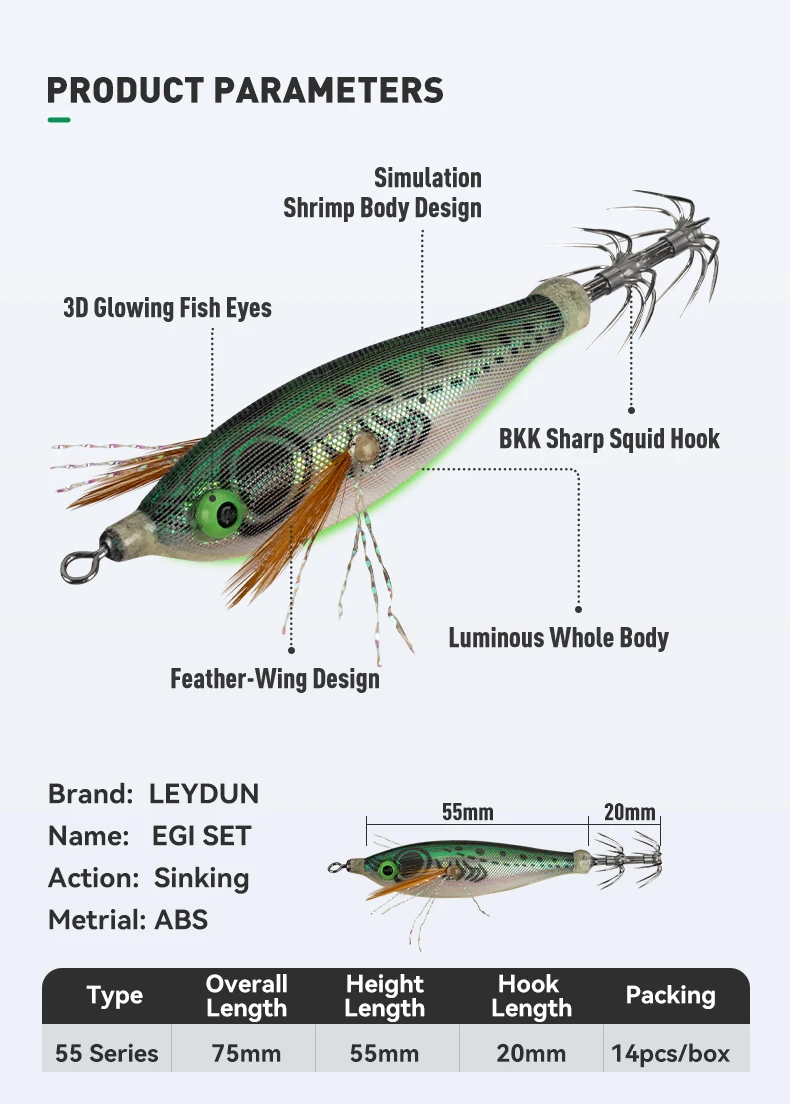 LEYDUN 14 stücke Tintenfisch Angeln Lockt 60mm 70mm Leuchtende Horizontale UV Beschichtung Jig Holz Garnelen Tintenfisch Haken angelgerät Köder – Detail 2