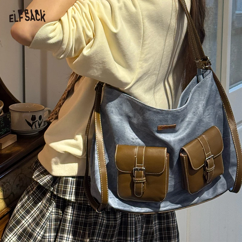 

ELFSACK 2025 Autumn New Arrivals Preppy Style Color Block Leather Patch Multi Pocket Underarm Bag