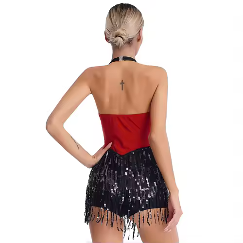 Women Modern Dance Dress Performance Costume Shiny Sequins Sleeveless Latin Jazz Tango Salsa Dance Leotard Bodysuit Dress Outfit - Image 4