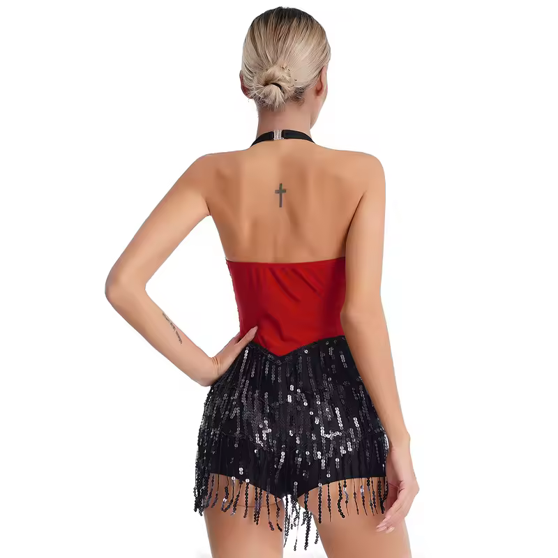 Women Modern Dance Dress Performance Costume Shiny Sequins Sleeveless Latin Jazz Tango Salsa Dance Leotard Bodysuit Dress Outfit - Image 4