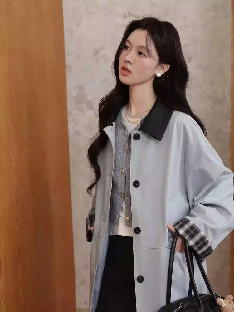 

South Deer Mid-Length Casual Women's Windbreaker Color Blo Loose Fit Autumn Outerwear Korean Sle Long Sve Collar