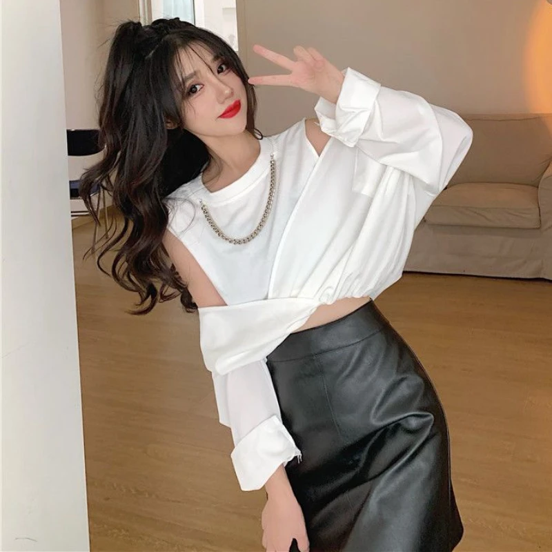 White Shirts Women Baggy Off Shoulder Temper Camisa Pure Fake Two Piece Minimalist Hotsweet Korean Fashion Clothing Spliced Crop