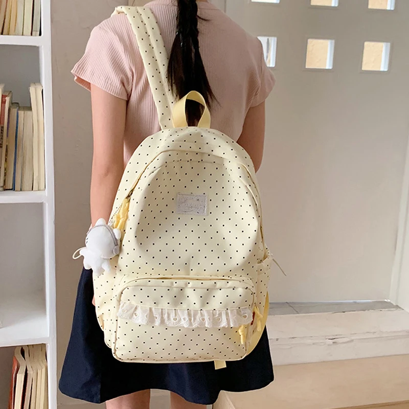 Modischer Rucksack, Damen-Schulrucksack mit Polka-Dot-Muster, süßer Spitzenbesatz, koreanischer leichter Schulrucksack mit großer Kapazität für Mädchen und Studenten – Detail 20