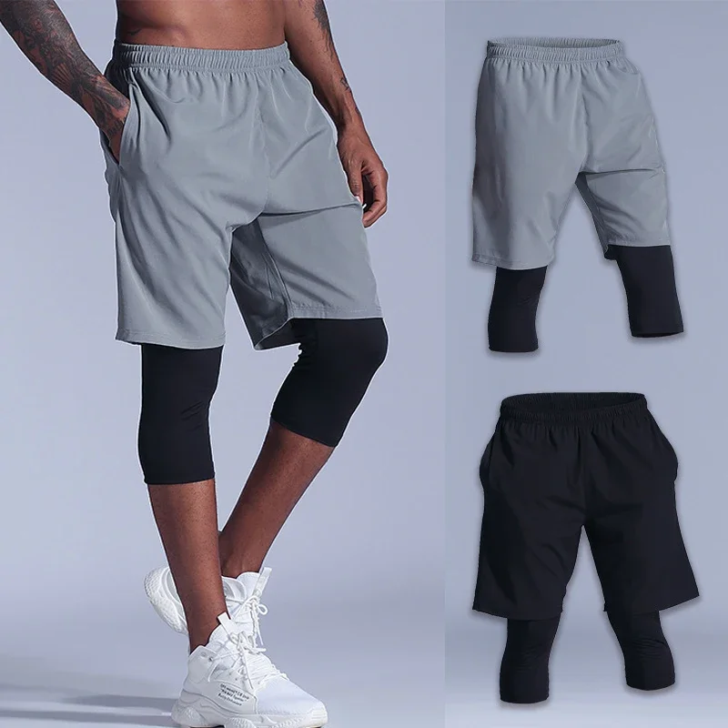 

2 in 1 Men's Double Running Sweat Shorts with Pocket Marathon Sport Training Short Pants Fitness Athletic Breathable Sweatpants