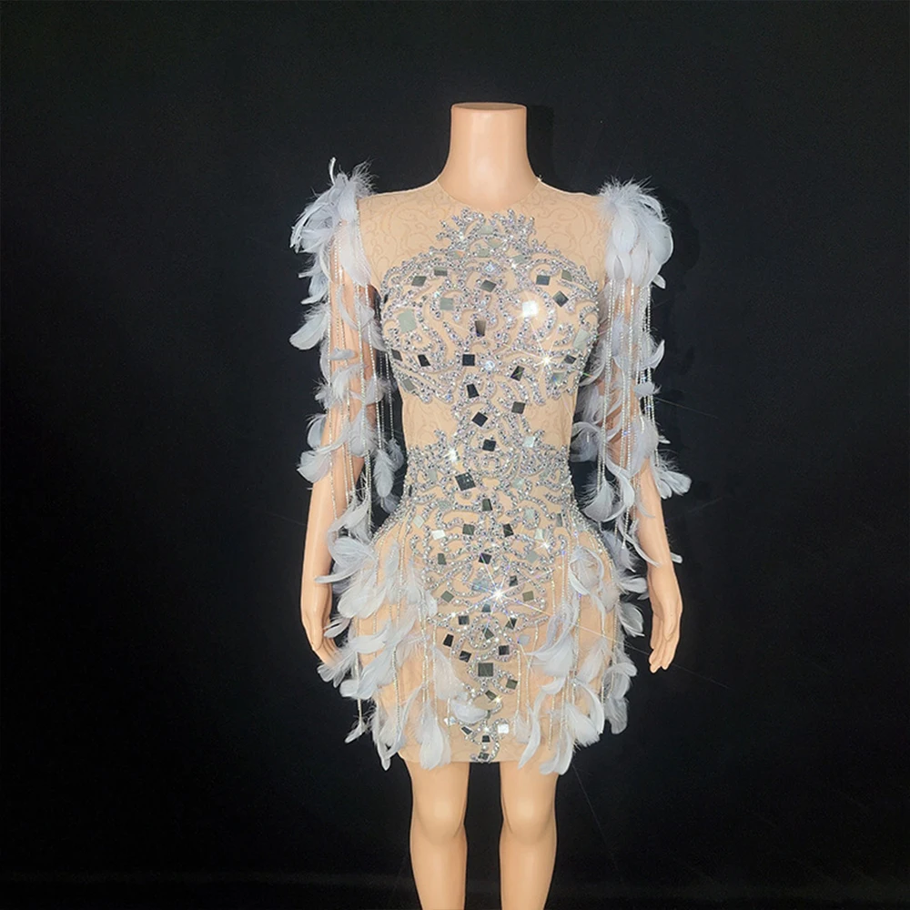 

Customized Tassels lace Feather Transparent High Elastic Short Sleeve Sexy Sequin Tight Party Dress Stage Performance Dress