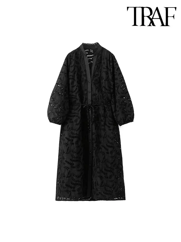 TRAF 2023 Summer Women\'s Dress New Fashion Hollow Out Embroidery Long Dresses for Women Long Sleeve Elegant Female Party Dress