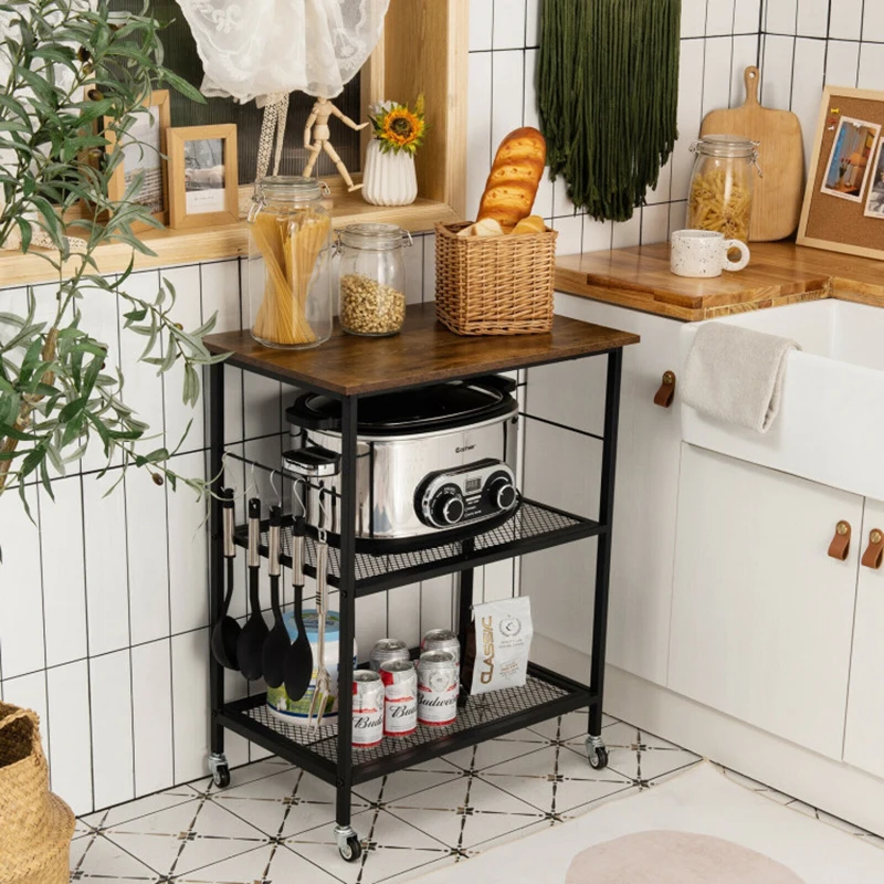 Durable Storage Rack 3-Tier Kitchen Serving Cart Utility Standing Microwave Rack with Hooks Spacious 3-tier Open Shelf Trolleys