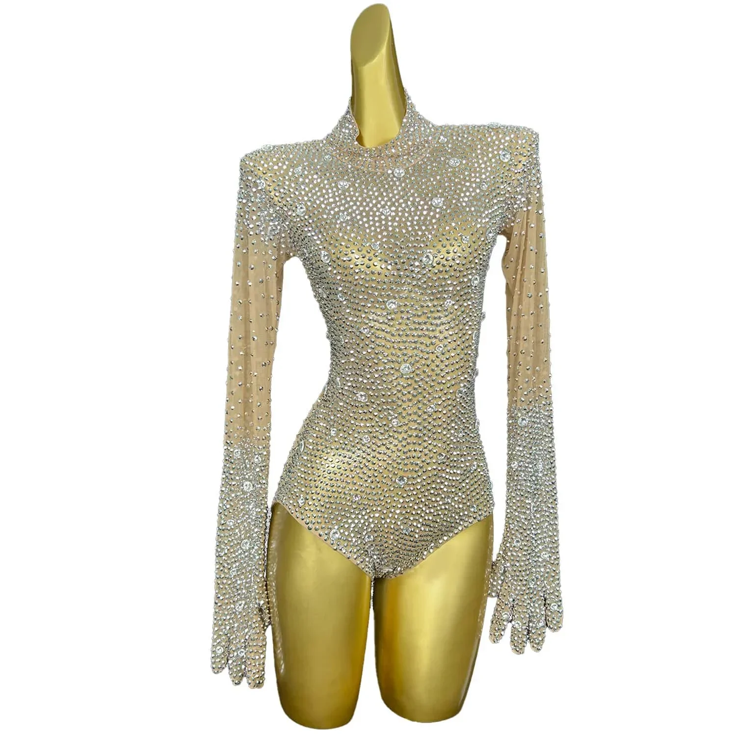 Sexy Nude Long Sleeves Shining Crystal Rhinestones Fashion Jumpsuits for Women Carnival Drag Queen Outfits Pole Dance Clothing