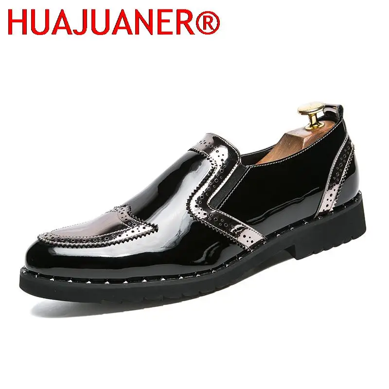 Fashion 38-48 Big Size Men Shoes Slip on Business Loafers Mens Casual Vintage Patent Leather Footwear Man Shiny Party Club Shoes