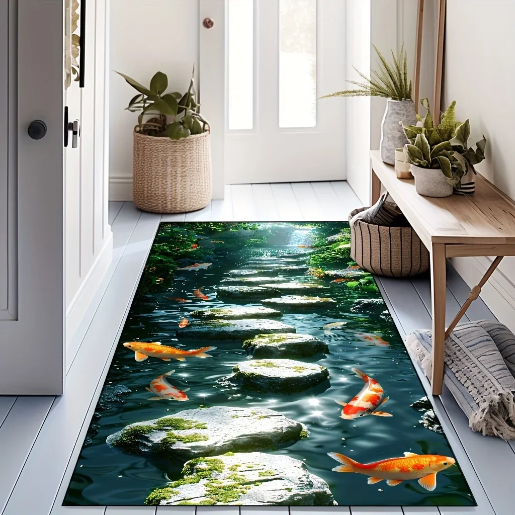 1 X 3D River View Pattern Hallway Mat with Backing, Non-Deformed Extra Long Bathroom Aqua Compatible Stair Carpet Mat