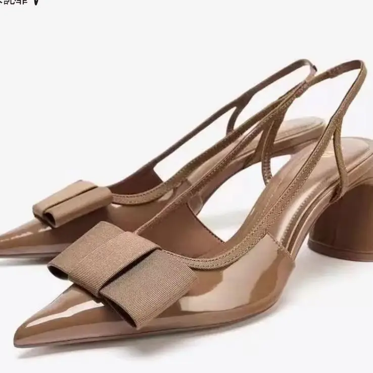 Summer New Women's Shoes with Black Bow Decoration, Exposed Heels, Thick Heels, Pointed High Heels, Shallow Sandals