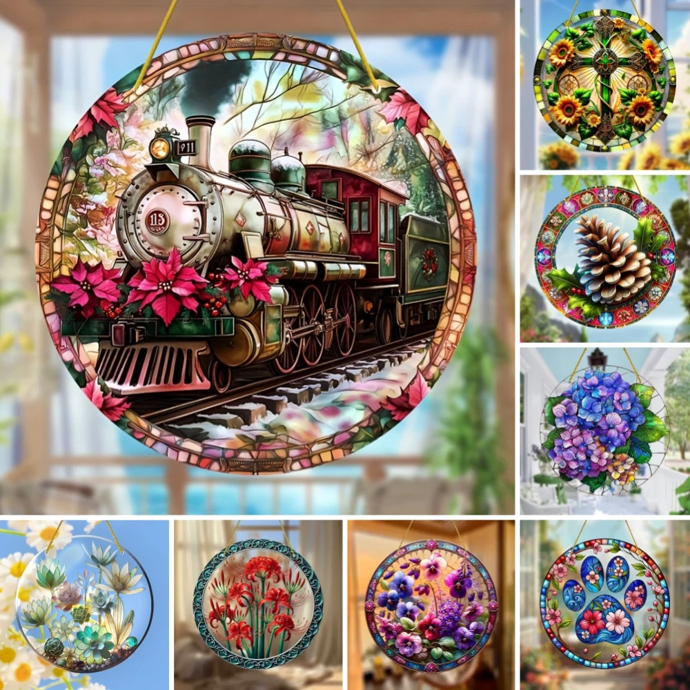 Blumen-Sonnenfänger, gebeiztes Fenster zum Aufhängen, Acrylschild, Winterdekoration, rundes Schild, Kranzschild, Kranzzentrum, Weihnachtsgeschenk