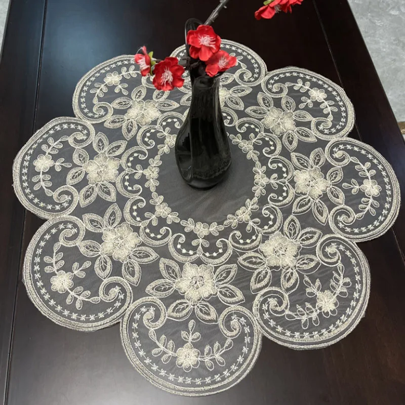 

63CM Luxury lace round Christmas flower Embroidery table cloth cover wedding tablecloth kitchen Table decoration and accessories