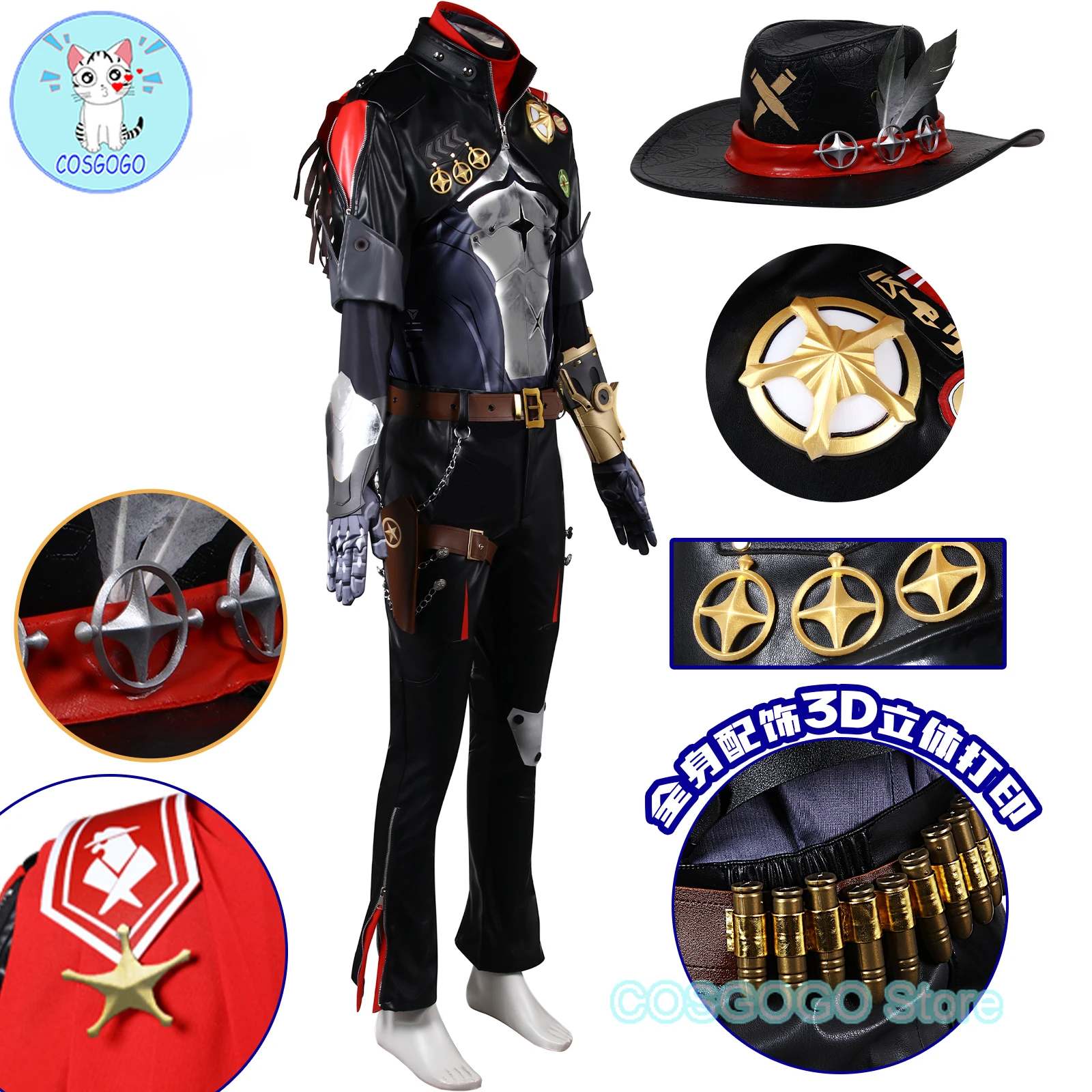 COSGOGO Honkai: Star Rail Boothill Cosplay Wig Galaxy Ranger Cowboy Hat Black White Hair Bullet Prop Armguard Gloves Accessories