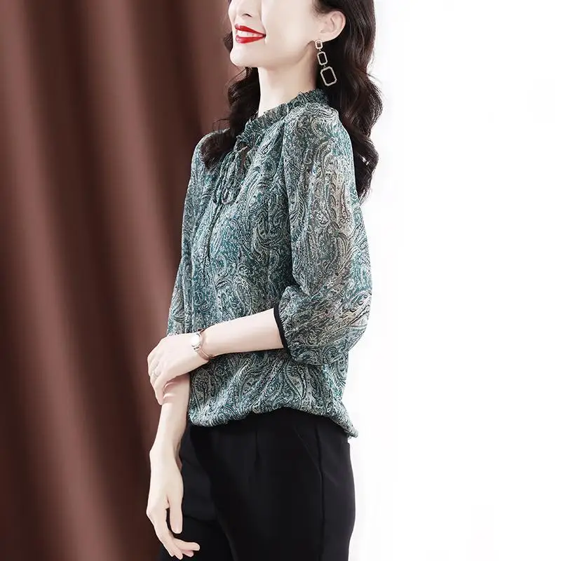 

Новые весенние повседневные пуловеры большого размера, офисная женская рубашка, винтажная шифоновая блузка с принтом на шнуровке и бантом, женская одежда 2025