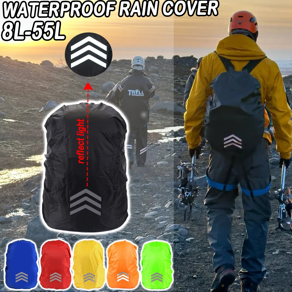 

17-80L Outdoor Bags Rain Cover Portable Hiking Backpack Waterproof Cover with Reflective Arrows Mountaineering Dust Cover