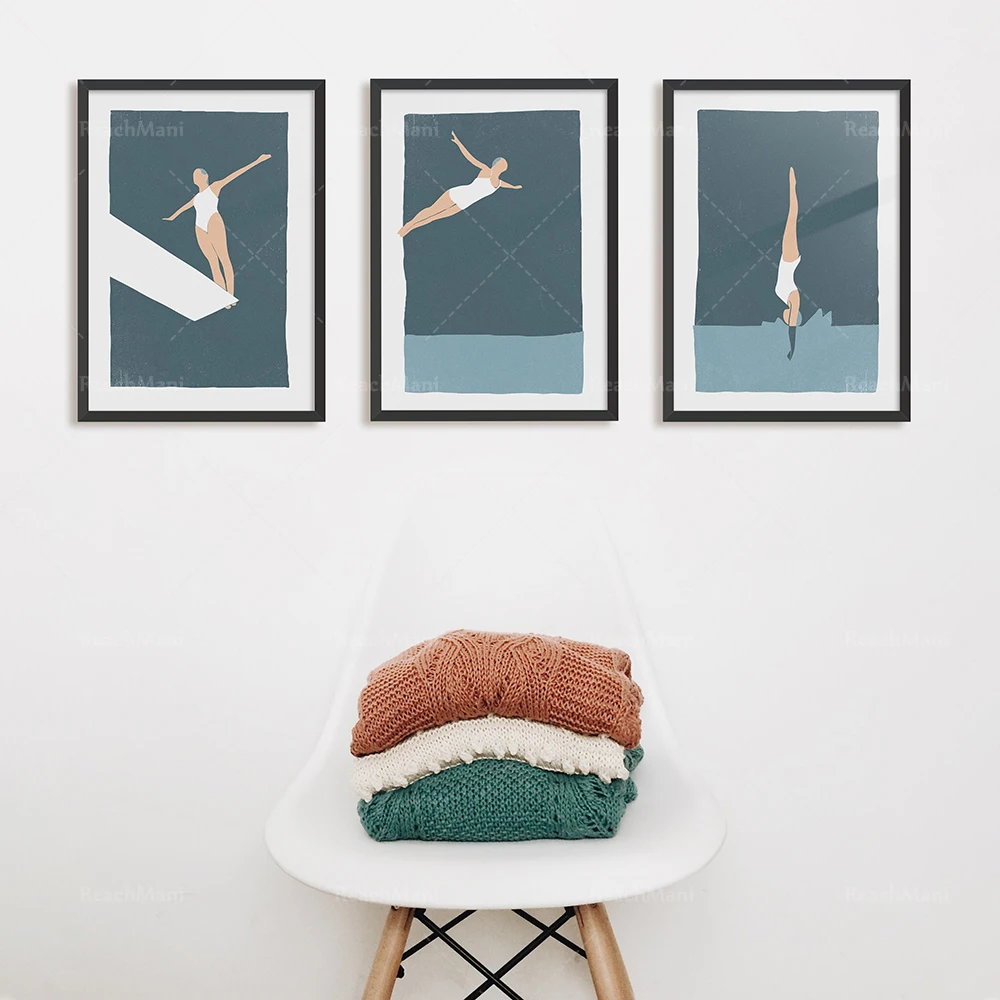 Diving Woman Print, Female Diver Poster/Swimming Art Deco Canvas Print Poster, Gift for Swimming Lovers