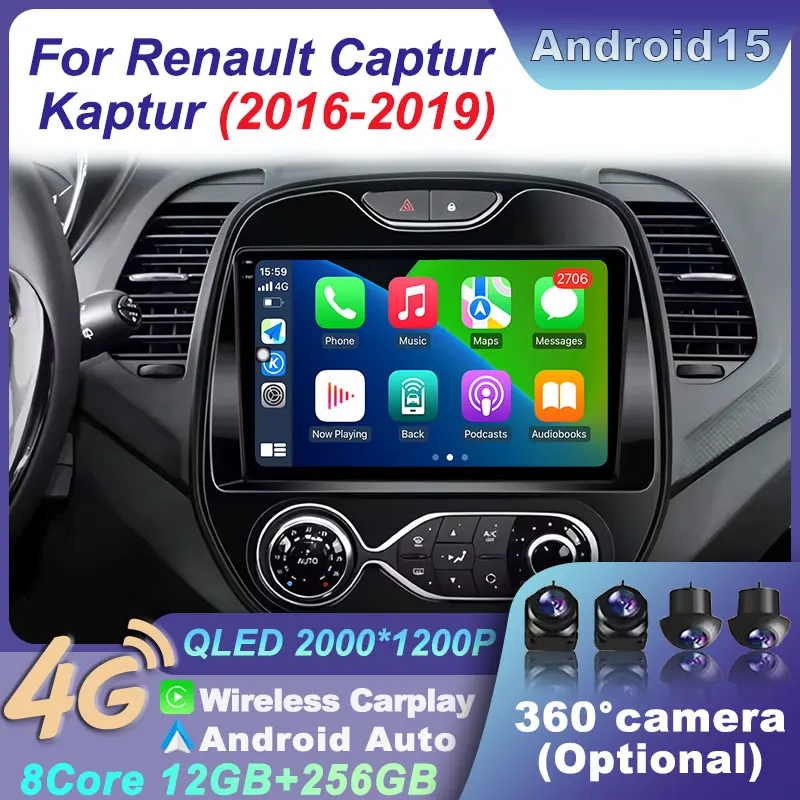 

For Renault Captur Kaptur 2016- 2019 Android 15 2K QLED Car Radio Auto GPS Multimedia Video Player Stereo CarPlay BT Navigation