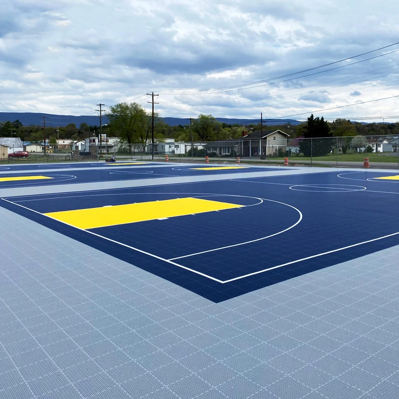 One-On-One Style Half Basketball Court Flooring For Outside Fit Backyard And Families Activities With White Game Lines Logo