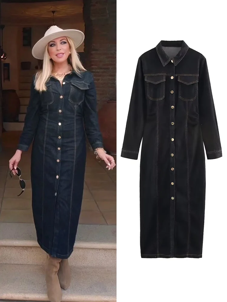 

TRAFZA женские модные платья с отложным воротником и длинными рукавами, карманами, однобортное женское весеннее длинное платье на молнии на молнии