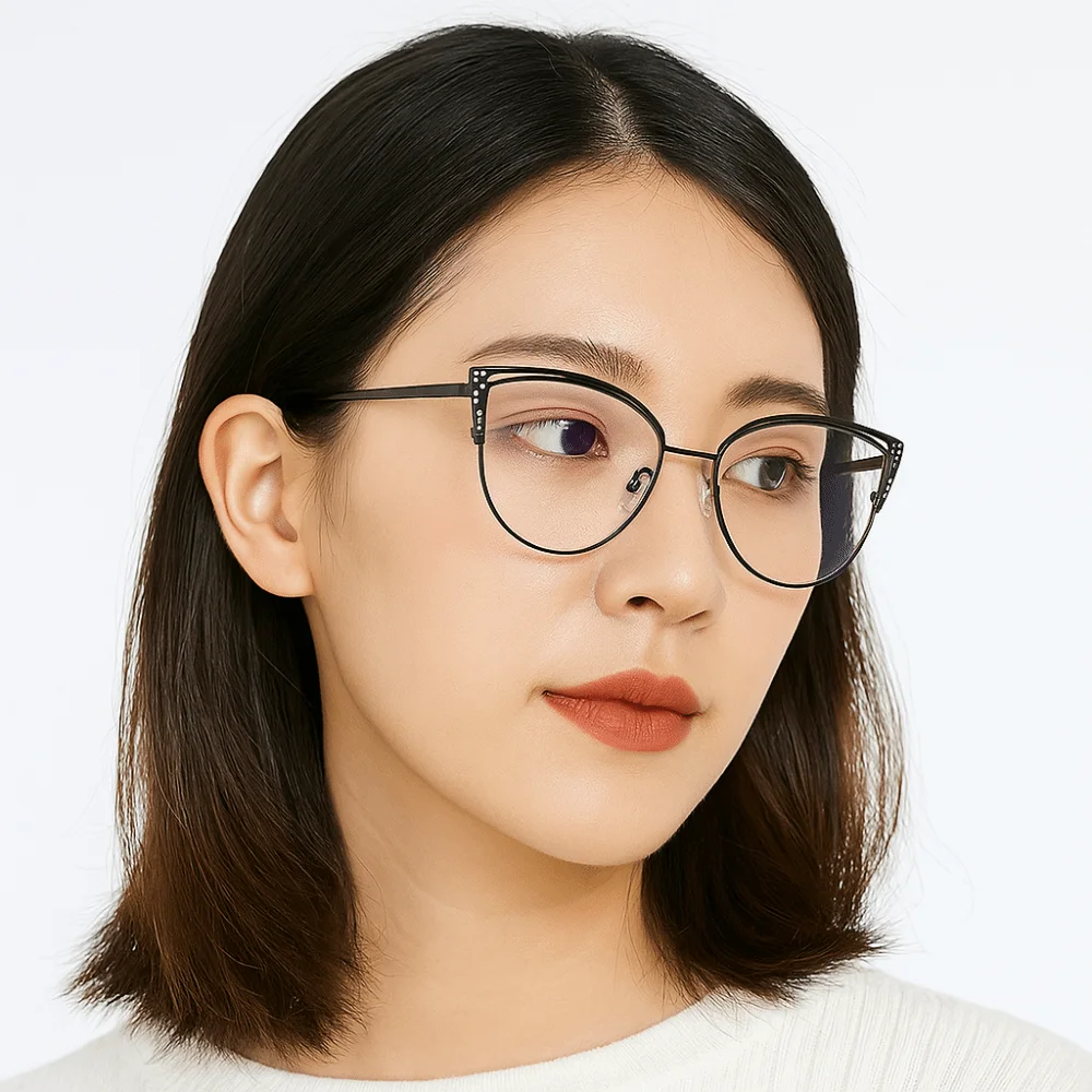 

Rhinestone Studded Anti-blue Light Glasses Transparent Lightweight Square Frame Myopia Glasses Eye Protective Metal Frame