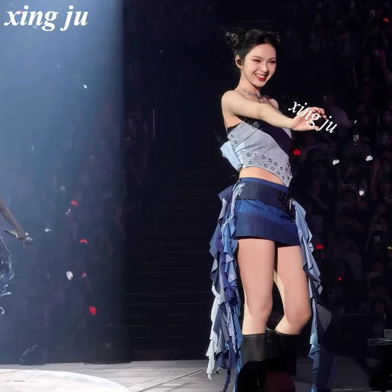 Women Singer Jazz Dance Costume Group Performance Blue Strapless Denim Short Tops Nightclub Stage Irregular Skirt Kpop Outfits