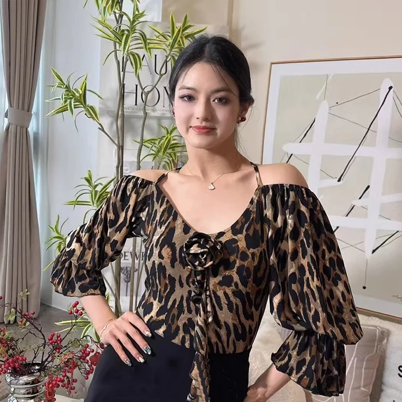 

Off Shoulder Latin Dance Tops Women Tango Cha Cha Practice Clothes Lantern Mid Sleeve Adult Rumba Modern Dance Bodysuit XH2841
