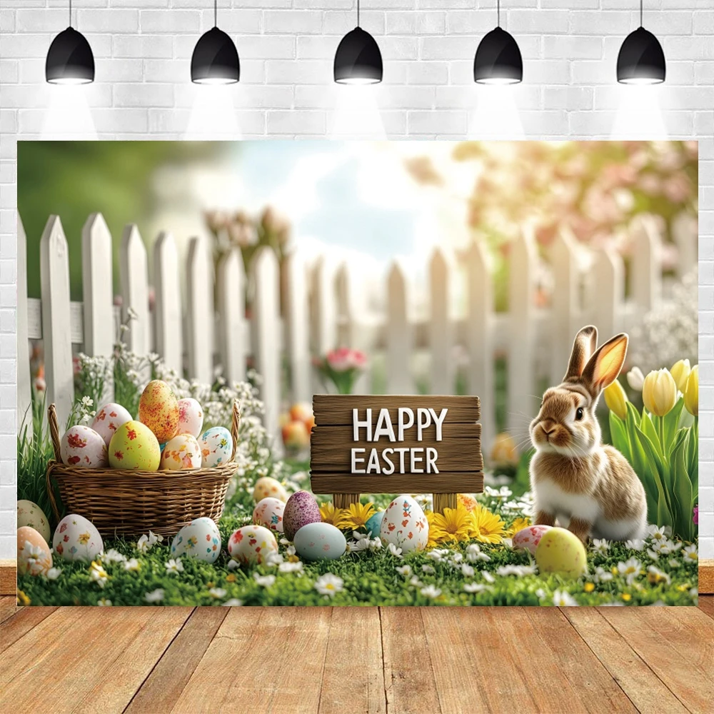 Spring Easter Backdrop for Photography Rabbit Colorful Easter Eggs Flower Baby Shower Easter's Day Background Photo Studio Props