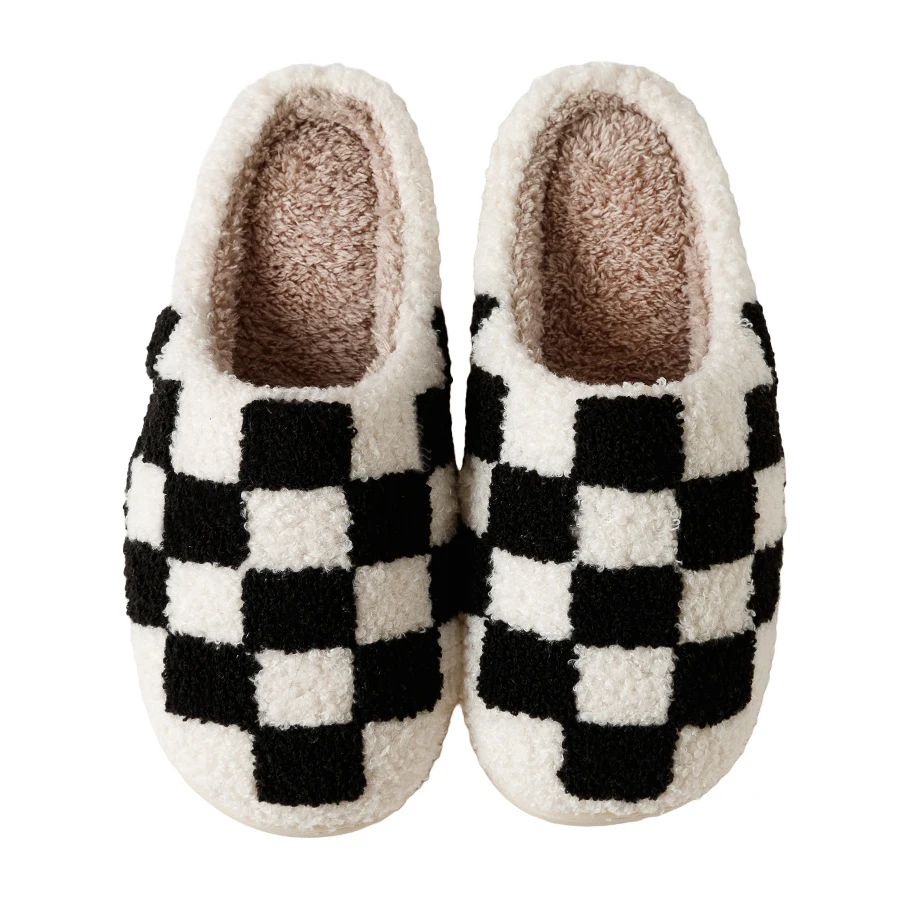 Home Fuzzy Slippers Fashion Checker Indoor Embroidery Houseshoes Cozy Woman Winter Fluffy House Retro Checkered Bedroom Shoes