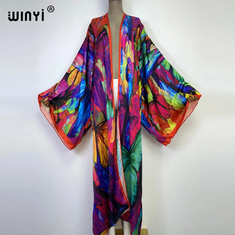 2022 new WINYI Summer Butterfly printing Beach Wear Swim Suit elegant Africa women boho Cardigan sexy Holiday long Sleeve Kimono