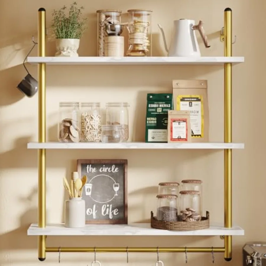 

31" Industrial Pipe Shelving, Floating Kitchen Wall Shelves 3 Tier Coffee Bar Shelves for Wall with 8 Hooks, Hanging Display Sh
