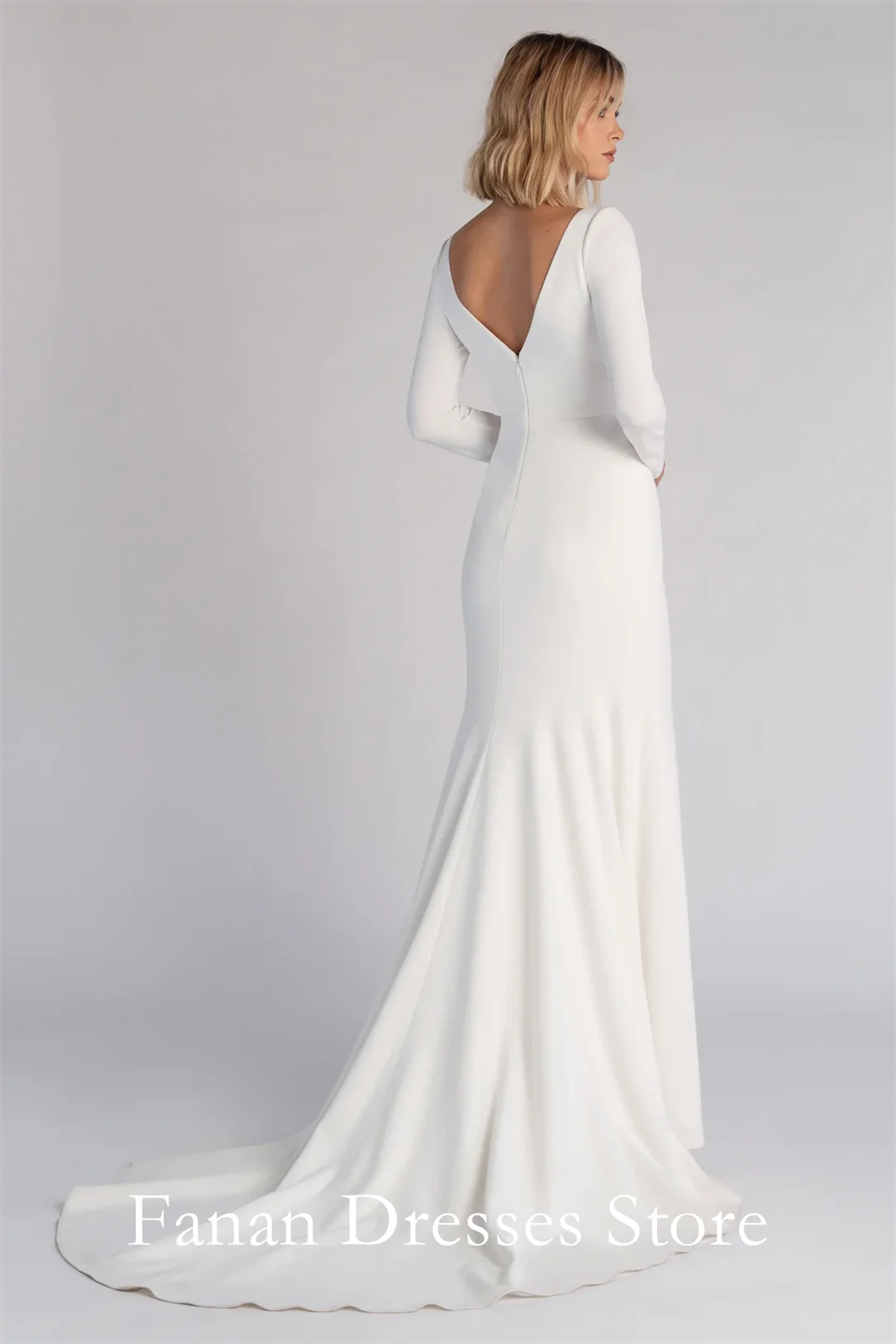 2026 Square Neck Long Sleeves Ruched Mermaid Crepe Wedding Dress Buttons Ivory Minimalist Maternity Bridal Gown For Photoshoot