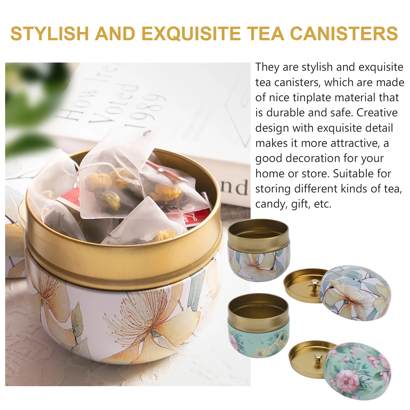 

2pcs Tea Storage Jars Tinplate Cans For Food Candy Decorative Sealed Container Kitchen Organization Round Practical Jar