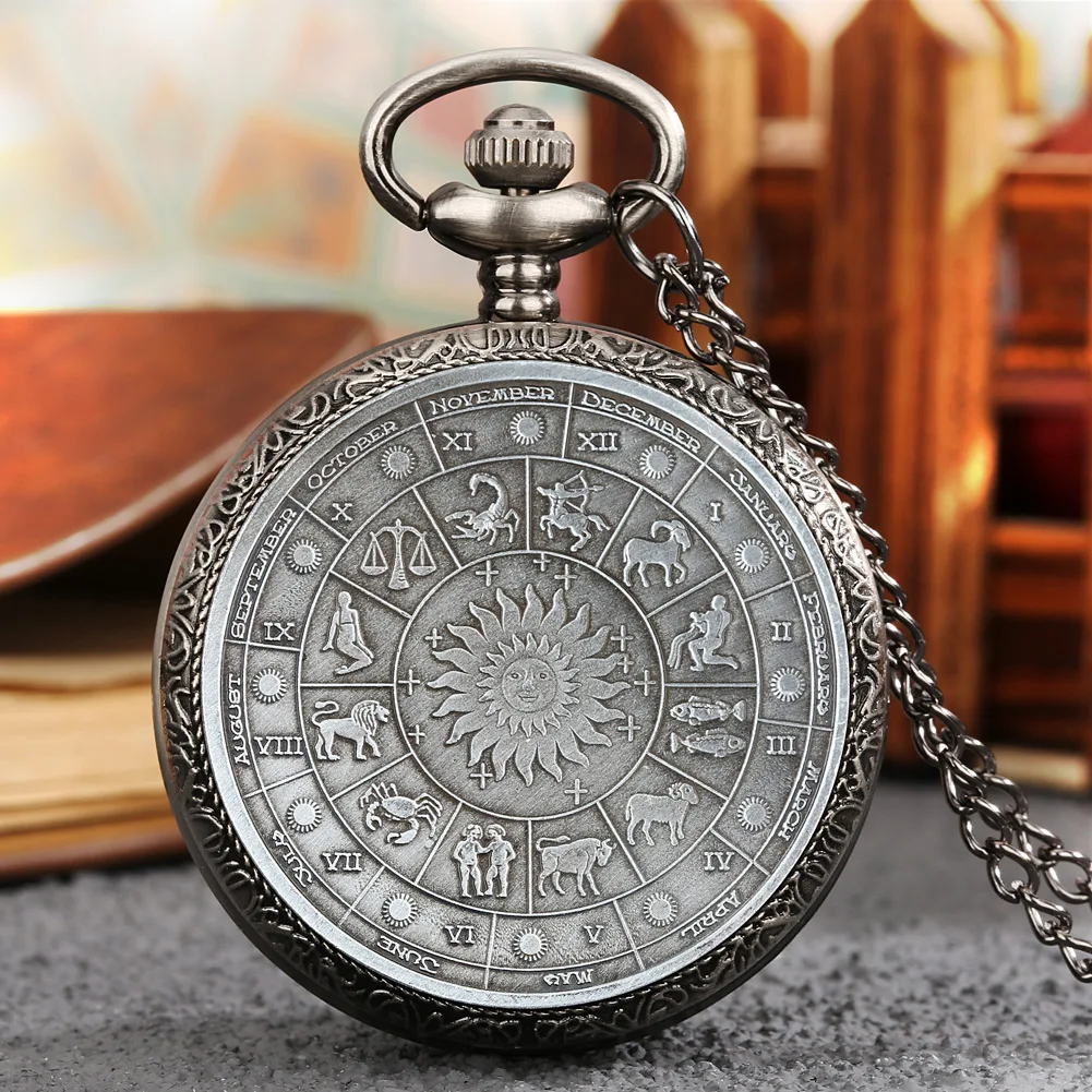 Twelve Constellation Commemorative Coins Pattern Quartz Pocket Watch Steampunk Retro Necklace Watches Pendant Pocket Clock Gift