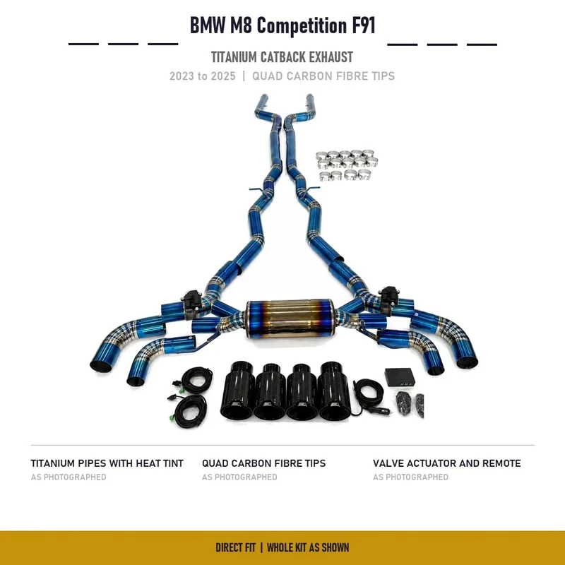 Direct Fit Titanium Catback Exhaust BMW M8 Competition F91 Coupe 4.4T 2023 to 2025 Quad Carbon Fibre Tips Remote Control