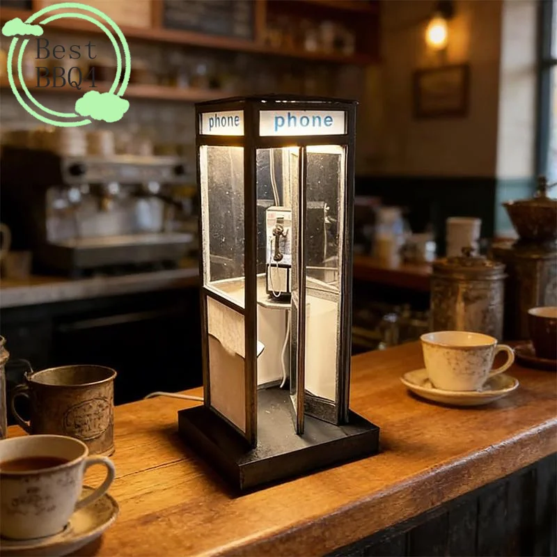 (BBQ4)Retro Vintage Tall Phonebooth Lamp Classic Telephone Booth Table Lamp With Warm LED Light Phone Box Decorative