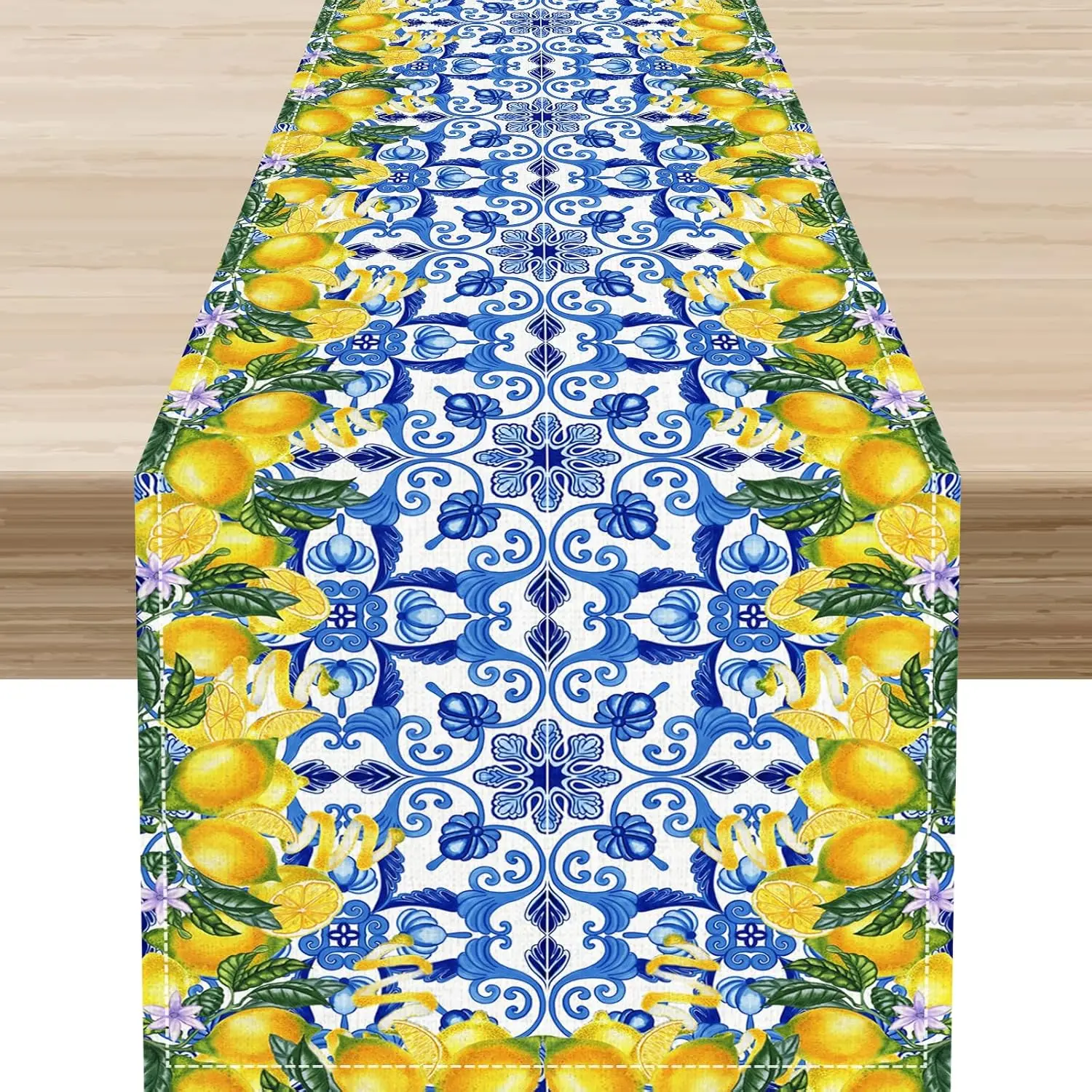 Blaue Zitronenfliesen Leinen Tischläufer Urlaub Party Dekor Aquarell Sommer Obst italienische Blumen Tischläufer Esstisch Dekor