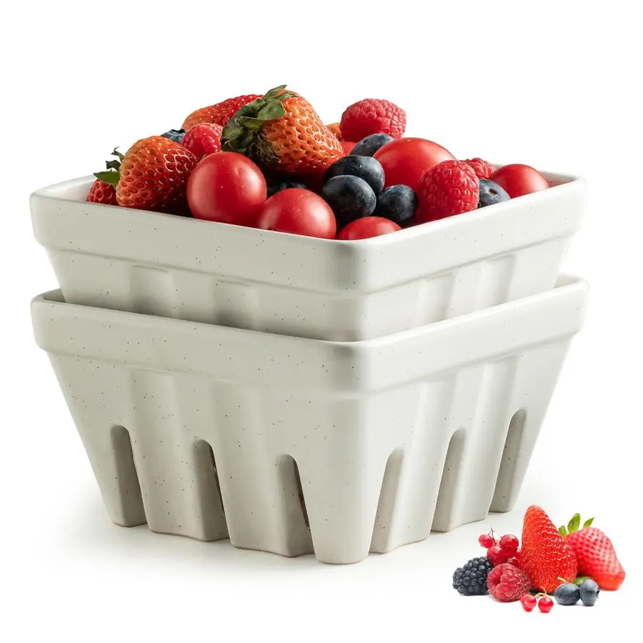 

Fruit Bowl with Holes, Ceramic Berry Basket Set of 2, 5.7 Inch Square Fruit Basket for Kitchen Counter, Rustic Berry Containers,