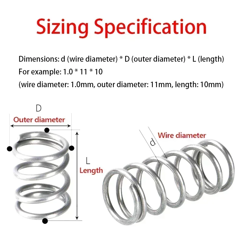 304 Stainless Steel Spiral Return Compression Spring, Wire Diameter: 1.2mm, Outer Diameter: 7-22mm, Length: 10-100mm, 10Pcs