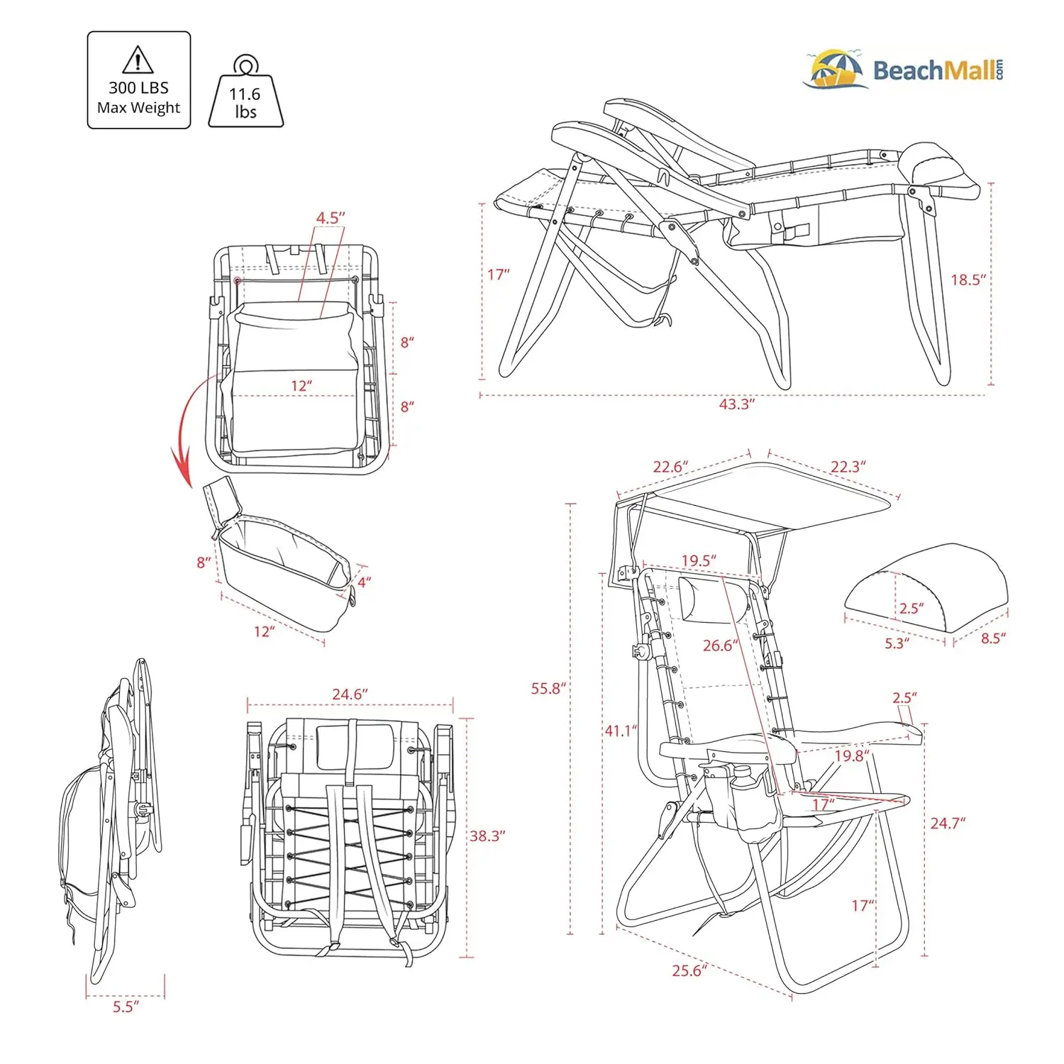 Ultimate Heavy Duty High Seat Aluminum Folding Backpack Beach Chair for Adults | Lay Flat, 5 Reclining Positions |, Customized