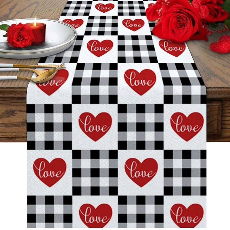 Valentine's Day Table Runner Cotton Linen Love Heart Gnome Tables Cloth for Home Festival Party Romantic Dinner Decoration